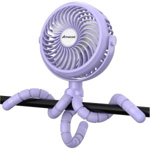 imageAMACOOL Battery Operated Stroller Fan Flexible Tripod Clip On Fan with 3 Speeds and Rotatable Handheld Personal Fans for Car Seat Crib Bike Treadmill BluePurple