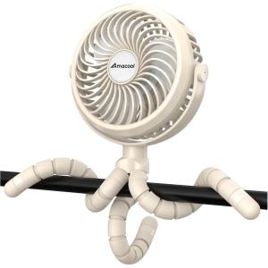 imageAMACOOL Battery Operated Stroller Fan Flexible Tripod Clip On Fan with 3 Speeds and Rotatable Handheld Personal Fans for Car Seat Crib Bike Treadmill BlueBeige