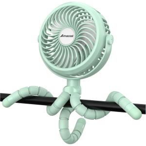imageAMACOOL Battery Operated Stroller Fan Flexible Tripod Clip On Fan with 3 Speeds and Rotatable Handheld Personal Fans for Car Seat Crib Bike Treadmill BlueGreen