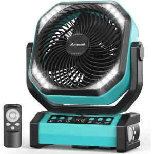 imageCamping Fan with Light 20000mAh Rechargeable Battery Operated Fan 112H Max Cooling Time 8 Speeds Digital Display Remote Control 270Pivot with Hook for Tent Car RV Power Outage HurricaneBlue