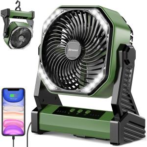 imageCamping Fan with Light 20000mAh Rechargeable Battery Operated Fan 112H Max Cooling Time 8 Speeds Digital Display Remote Control 270Pivot with Hook for Tent Car RV Power Outage HurricaneGreen