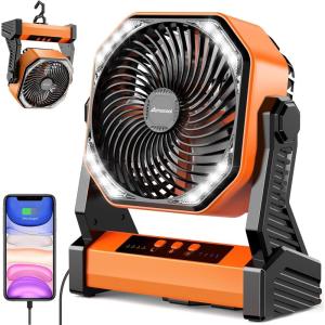 imageCamping Fan with Light 20000mAh Rechargeable Battery Operated Fan 112H Max Cooling Time 8 Speeds Digital Display Remote Control 270Pivot with Hook for Tent Car RV Power Outage HurricaneOrange
