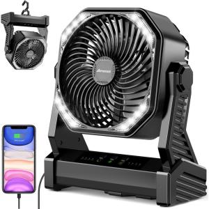 imageCamping Fan with Light 20000mAh Rechargeable Battery Operated Fan 112H Max Cooling Time 8 Speeds Digital Display Remote Control 270Pivot with Hook for Tent Car RV Power Outage HurricaneBlack